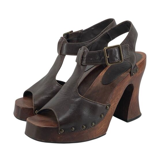 1990s Y2K Wood Soled Bongo Platform Brown Sandals Women’s Size 8 (HF16) - Picture 1 of 11